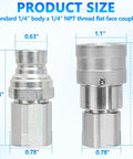 Flat Face Hydraulic Quick Connect Fittings Set One Quarter Inch NPT Dust Caps Included Universal Bobcat Style ISO 16028 Two Pack