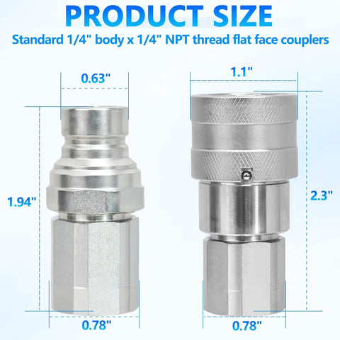 Flat Face Hydraulic Quick Connect Fittings Set One Quarter Inch NPT Dust Caps Included Universal Bobcat Style ISO 16028 Two Pack