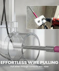 The ULTIMATE Professional Electrician Wire Pulling Assistant Tool in use with a drill, pulling wires through a clear pipe conduit.