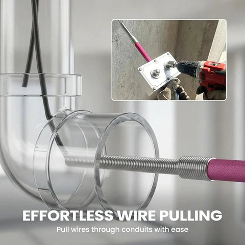 The ULTIMATE Professional Electrician Wire Pulling Assistant Tool in use with a drill, pulling wires through a clear pipe conduit.