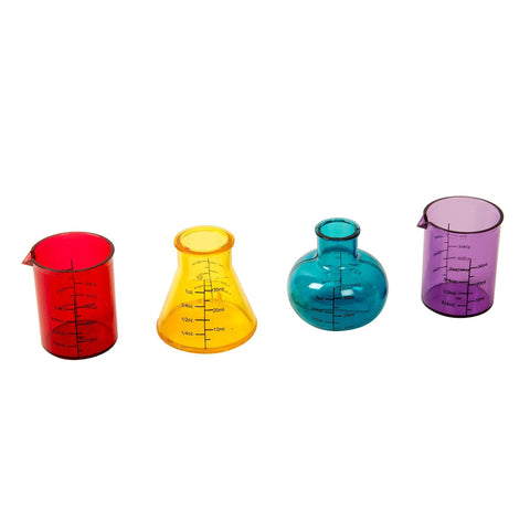 Chemistry Lab Style Shot Glasses Set Of Four In Bright Multicolor Plastic Beakers And Flasks For Parties Includes Beaker Erlenmeyer And Florence Flask Designs