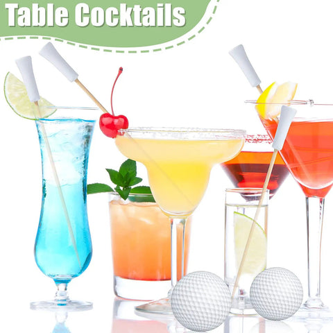 Golf Themed Cocktail Picks 5.91 Inch White Bamboo Toothpicks in drinks with golf ball decoration on table