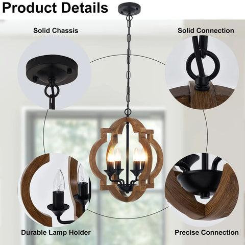 4-Light Farmhouse Wood Chandelier With Adjustable Hanging Chain, Rustic Vintage Pendant Lighting For Living Room Dining Room Kitchen Island Foyer Entryway 15.4 Inch Cozy Rustic Vibe