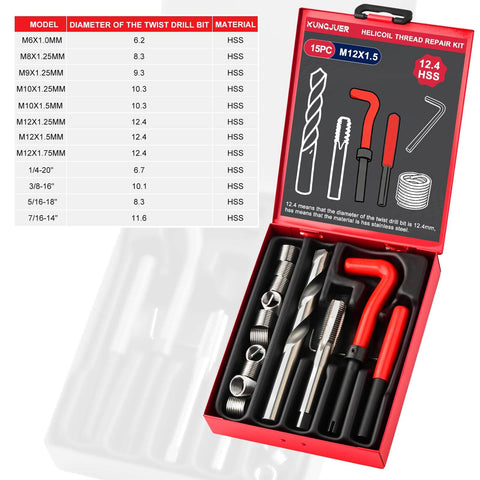 Metric Thread Repair Kit M12x1.5 with Helicoil Style Inserts, 10 Thread Inserts, HSS Drill Bits, Taps, and Tools in Red Case