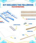 Contents of Trimaran Race Boat Kit for Raingutter Regatta with hull, outriggers, mast, sails, screws, stickers, and sanding stick.