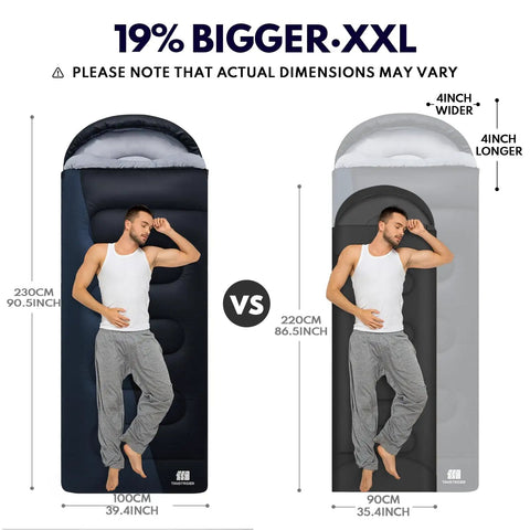 Comparison of two XXL winter sleeping bags for adults and kids with compression sack, showing size differences and color options.
