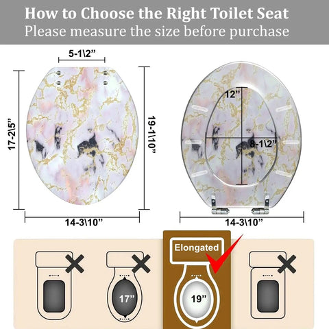 Elongated Resin Toilet Seat for Bathroom measuring 14-3/10" x 19-1/10", showing guidance for toilet seat size.