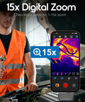 Thermal Imaging Camera For iPhone And Android With 512x384 IR Resolution And USB C next to mechanic using phone app