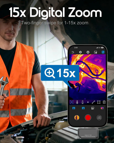 Thermal Imaging Camera For iPhone And Android With 512x384 IR Resolution And USB C next to mechanic using phone app