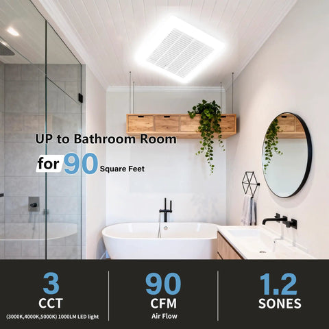 Super Quiet Bathroom Exhaust Fan With Light 90 CFM 1.2 Sone 1000 Lumen Dimmable 3CCT LED Light in modern bathroom ceiling.