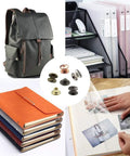 Snag This Legit Chicago Screw Hardware Pack Featuring Heavy Duty M5 By Four Millimeter Pillars With Matching Caps In Five Crisp Metallic Shades. Black backpack and colorful notebooks with screws displayed.