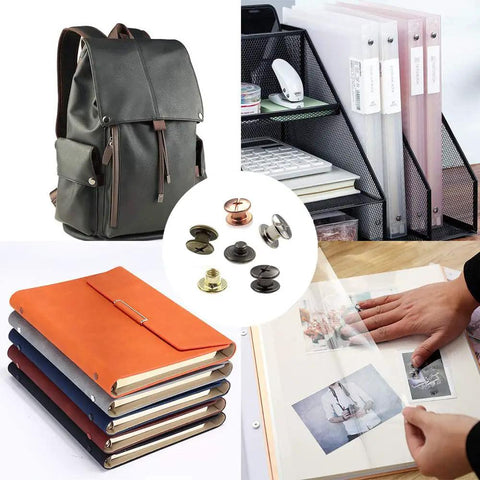 Snag This Legit Chicago Screw Hardware Pack Featuring Heavy Duty M5 By Four Millimeter Pillars With Matching Caps In Five Crisp Metallic Shades. Black backpack and colorful notebooks with screws displayed.