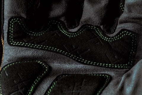 Close-up of Exo Motor Impact Glove For Heavy Duty Work With TPR Impact Protection And Anti Vibration Palm Pads, brown size XL.