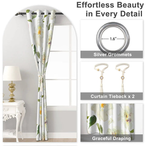 Floral Blackout Curtains For Bedroom And Nursery With 84 Inch Length Two Panels Tieback Drapes with silver grommets