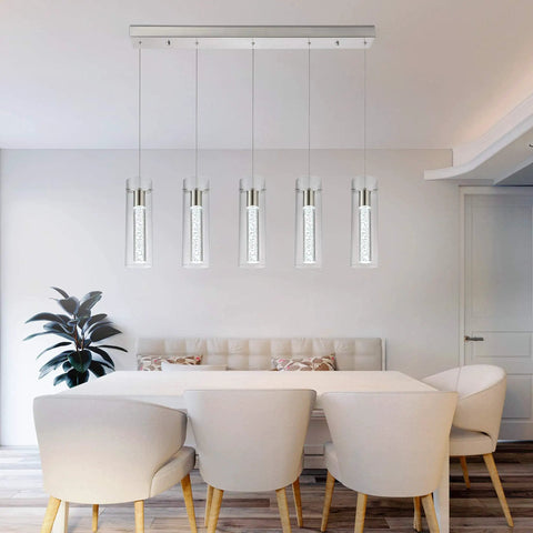 Modern Five Light LED Pendant Ceiling Fixture With Brushed Nickel Bubble Cylinder over dining table, contemporary lighting.