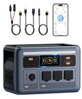 Portable 1800W Solar Generator Power Station With 1024Wh LiFePO4 Battery, cables, and smartphone app display