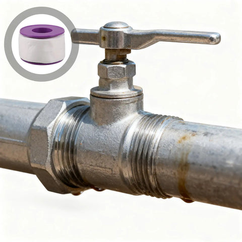PTFE Thread Seal Tape For Plumbing Waterproof Pipe Tape Quick Wrap For Plumbers Multipack For Emergency Repairs And Installations On Threaded Pipes Versatile Leak Free Sealing Easy Application And Long Lasting Performance, white spool on metal valve