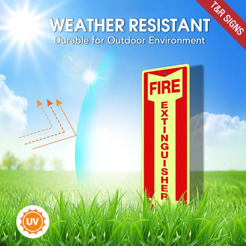 Heavy Duty Fire Extinguisher Signs 12 Pack Made From Rust Free Aluminum 12 By 4 Inch Glow In The Dark Waterproof Weatherproof Fade Resistant Two Pre Drilled Holes For Easy Indoor Outdoor Mounting displayed in a grassy field