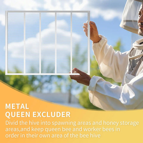 Beekeeper holding Two Pack Metal Queen Excluder For Beehives 10 Frame Size, durable aluminum tool for beekeeping supplies outdoors.