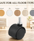 Pack Of Eight Heavy Duty Black Nylon Swivel Caster Wheels Featuring Secure M6 Threaded Stems shown on various floor types.