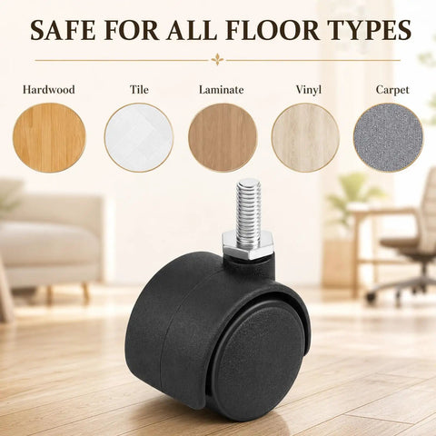 Pack Of Eight Heavy Duty Black Nylon Swivel Caster Wheels Featuring Secure M6 Threaded Stems shown on various floor types.