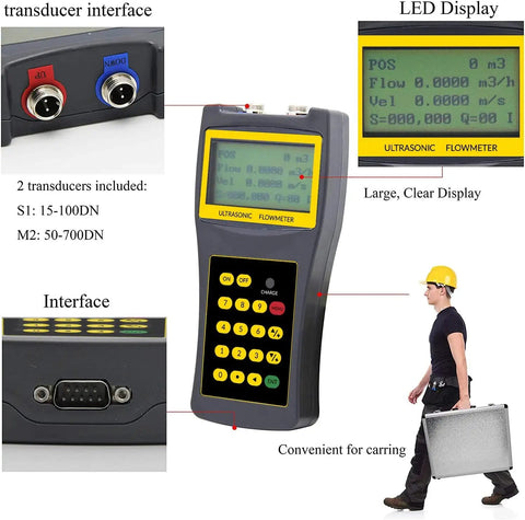 Handheld Ultrasonic Flow Meter With Clamp-On Sensor for Pipes DN15 to 700mm, featuring LED display and compact design