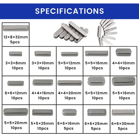 Front view of a steel keyway key set with 140 pieces in sizes from 3x3x8mm to 6x6x30mm