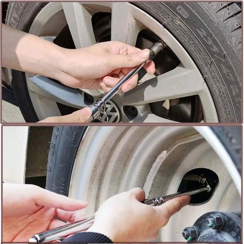 Dual Head Truck Tire Pressure Gauge With Plastic Scale Plate, Zinc Alloy Heads, Push Pull Chucks For Outer And Inner Wheels, 30 Degree Reverse Head For Tight Valves, Hanging Ring For Easy Storage, Precise Pressure Readouts used on truck wheel valves