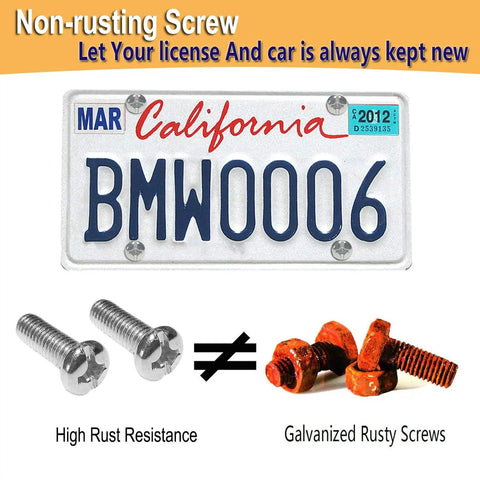 Matte Black License Plate Screw Caps Kit With M6X20mm Stainless Steel Bolts shown compared to rusty screws