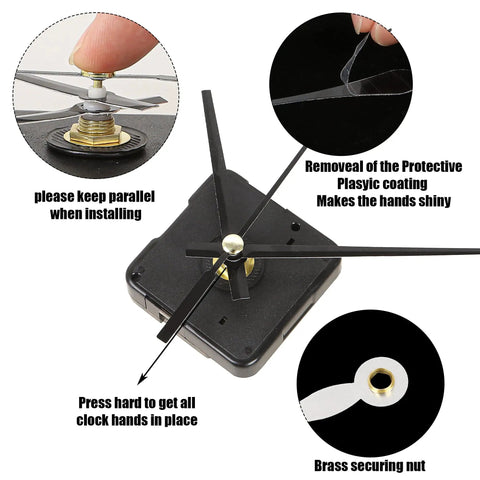 Dope 5 Pack High Torque Quartz Clock Movements Kit installation guide showing hand placement and protective coating removal.