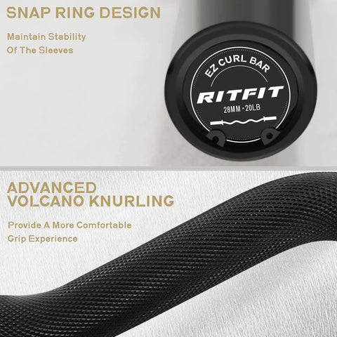 Close-up of the 2 Inch EZ Curl Bar With 85 Lb Plates, 350 Lb Weight Capacity Olympic Curl Barbell's snap ring and knurling design.