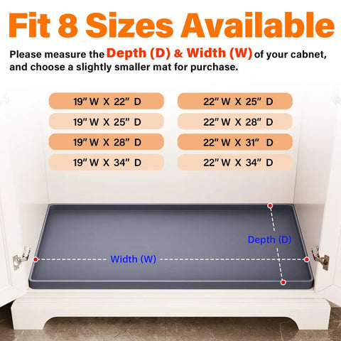 Waterproof Under Sink Mat 34x22 Inches Flexible Silicone Drip Tray For Kitchen And Bathroom Cabinets shown installed in cabinet
