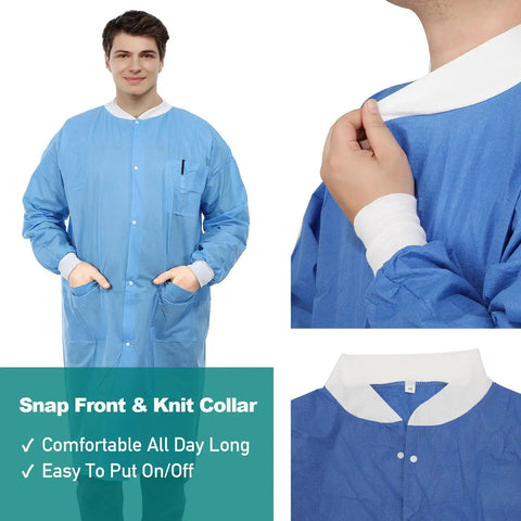 Dental Disposable Lab Coat Set Knee Length 3 Pockets Soft Knit Cuffs And Collar SMS 45G Material Blue 10 Pack Durable Medical Lab Coats