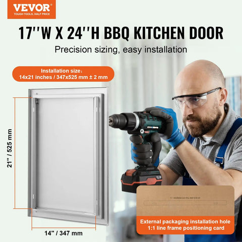 Man installing Stainless Steel BBQ Access Door For Outdoor Kitchen 17x24 Inch Flush Mount Wall Panel With Recessed Handle