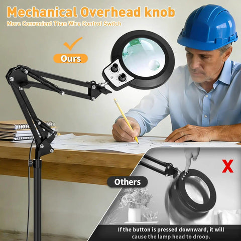 Engineer using Large Floor Magnifying Glass With Light And Stand, Adjustable Height Dialed Magnifier Lamp For Close Work