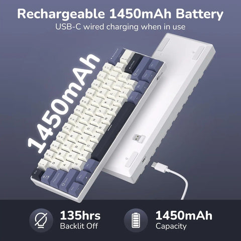 Compact 60 Percent Mechanical Gaming Keyboard Wireless Three Mode Setup showing rechargeable 1450mAh battery and USB-C port.