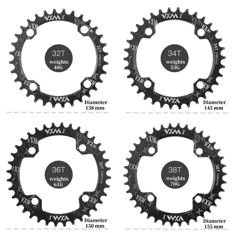Set of black 104BCD CNC Aluminum Narrow Wide Chainrings for MTB and Road Bikes, sizes 32T to 38T, showing weights and diameters.