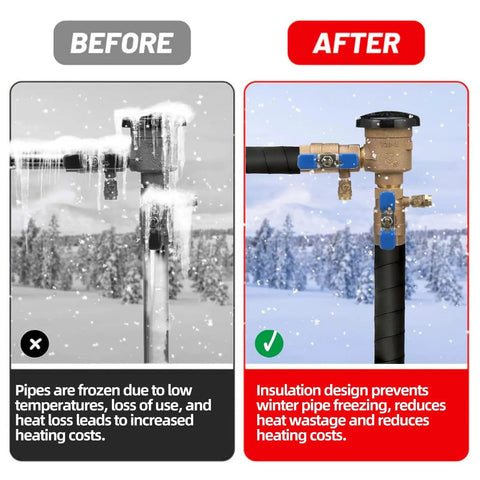 Comparison of frozen pipes before insulation and protected pipes after using Heavy Duty 2 Inch By 14 Ft Pipe Insulation Tape for winter freeze.