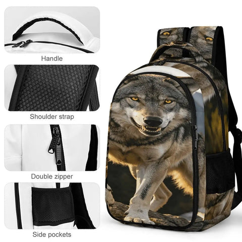 Close-up of Rock Mountain Grey Wolf Print Unisex Backpack featuring handle, shoulder straps, double zipper, and side pockets.