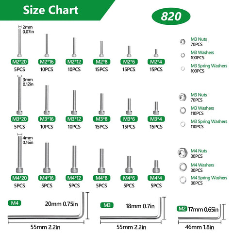 Size chart for All In One Stainless Steel Screws And Nuts Kit, 820Pcs M2 M3 M4 with nuts, washers, hex bolts, and wrenches.