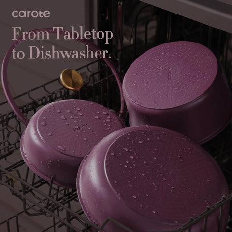 21 Piece Nonstick Pots And Pans Set With Detachable Handle Induction Friendly Cookware in dishwasher with water droplets