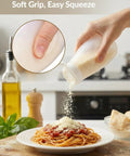 Top Shelf Soft Parmesan Cheese Shaker Set Squeezable Spice Jars with wide opening used to sprinkle cheese on pasta.