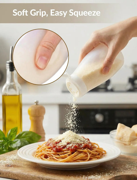 Top Shelf Soft Parmesan Cheese Shaker Set Squeezable Spice Jars with wide opening used to sprinkle cheese on pasta.