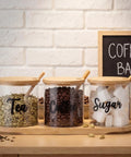 Three Pack Clear Glass Jars With Lids And Spoon On Bamboo Tray For Coffee Beans Sugar Tea Condiments A Handy Storage Set