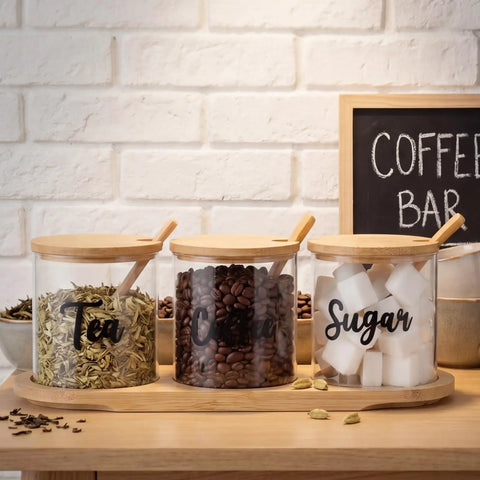 Three Pack Clear Glass Jars With Lids And Spoon On Bamboo Tray For Coffee Beans Sugar Tea Condiments A Handy Storage Set