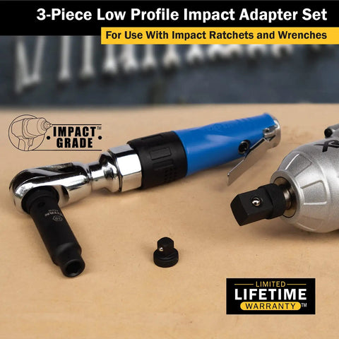 Low Profile Impact Socket Adapter Set with Detent Ball Retention Three Chrome Moly Adapters 1/4 to 3/8 3/8 to 1/2 1/2 to 3/4