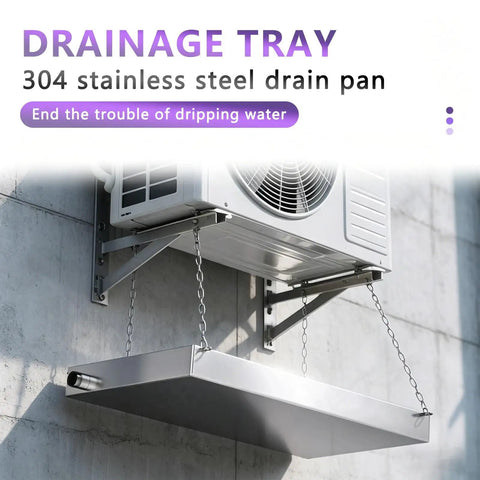 Heavy Duty Stainless Steel Condensate Drain Pan under an AC unit, 304 steel, leak-proof design, preventing water drips.