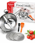 Stainless Steel Food Mill With Three Milling Discs, Hand Crank Rotary Action, Silicone Handle, in kitchen setting