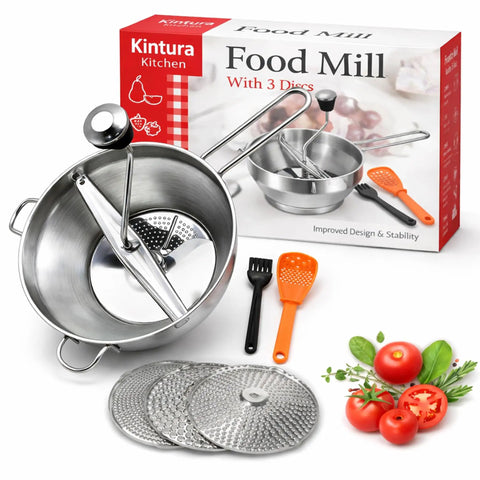 Stainless Steel Food Mill With Three Milling Discs, Hand Crank Rotary Action, Silicone Handle, in kitchen setting