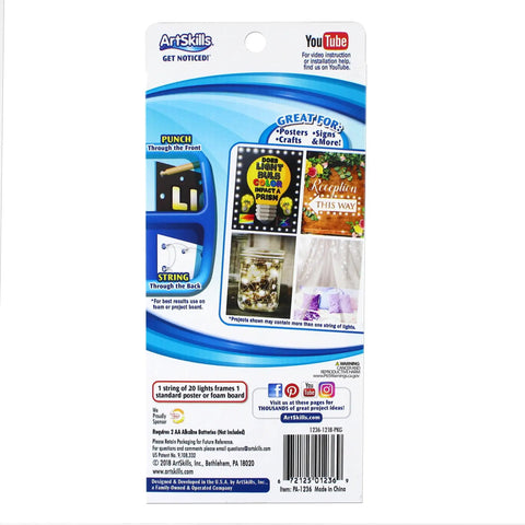 Back packaging of Cool White Battery-Operated Poster Lights Kit With 20 LEDs For Poster Boards Signs Science Fair Displays Party Decor And Sign Making Steady Or Flashing Modes For Dope Creative Projects.